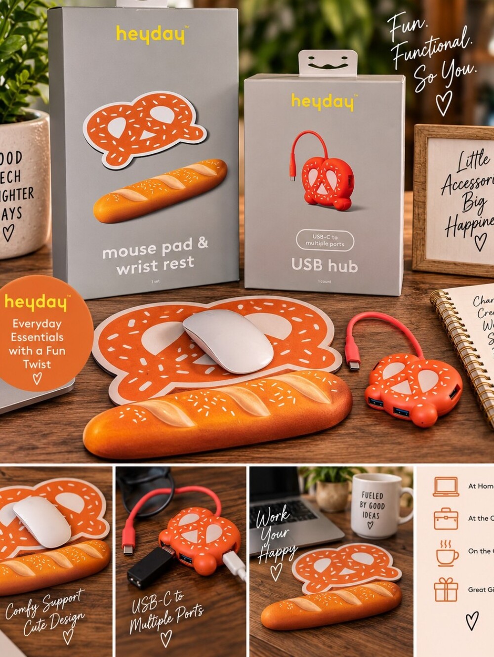 NWT Heyday Pretzel USB Hub Mouse Pad & Baguette Wrist Rest Bundle
